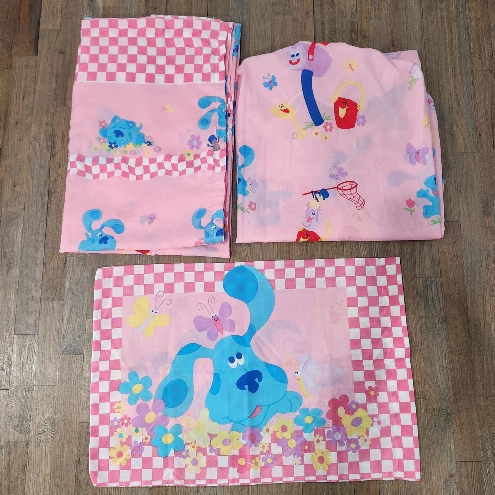 Vintage Y2K Blues Clues Pink Bed Set Twin Fitted Sheet Flat Sheet Pillowcase